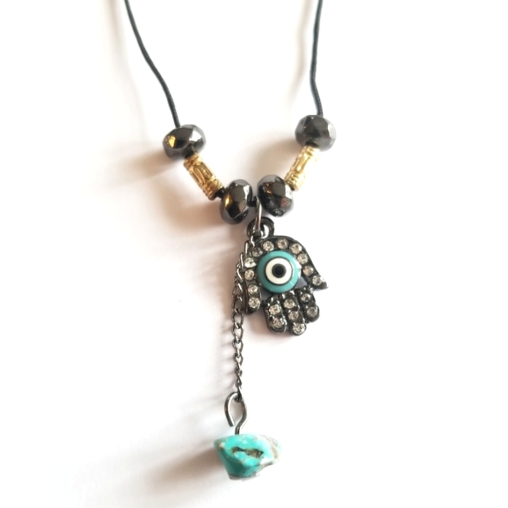 Hamsa hand evil eye necklace dark silver tone metal dangly nugget stone